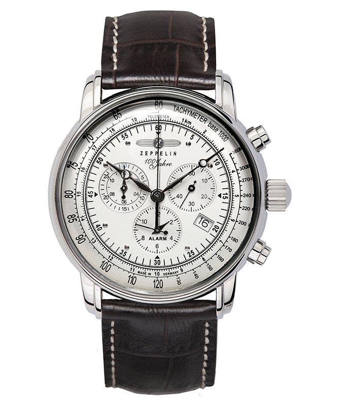 ZEPPELIN 100 YEARS CHRONO ALARM WATCH SWISS MOVEMENT 50M WR SILVER DIAL