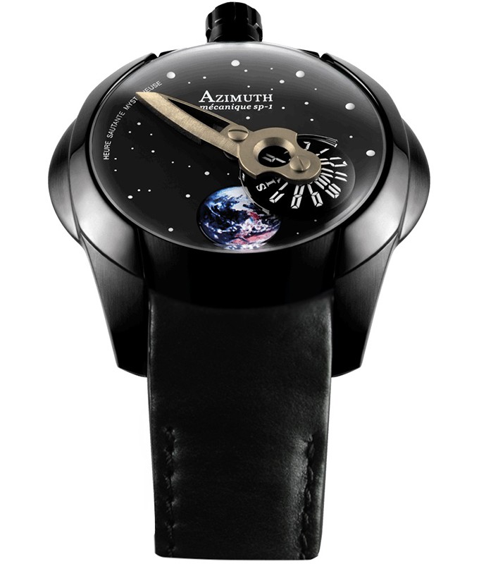 Azimuth Spaceship Earth Watch Rotating Earth Mystery Jump Hour PVD Case Blk Dial