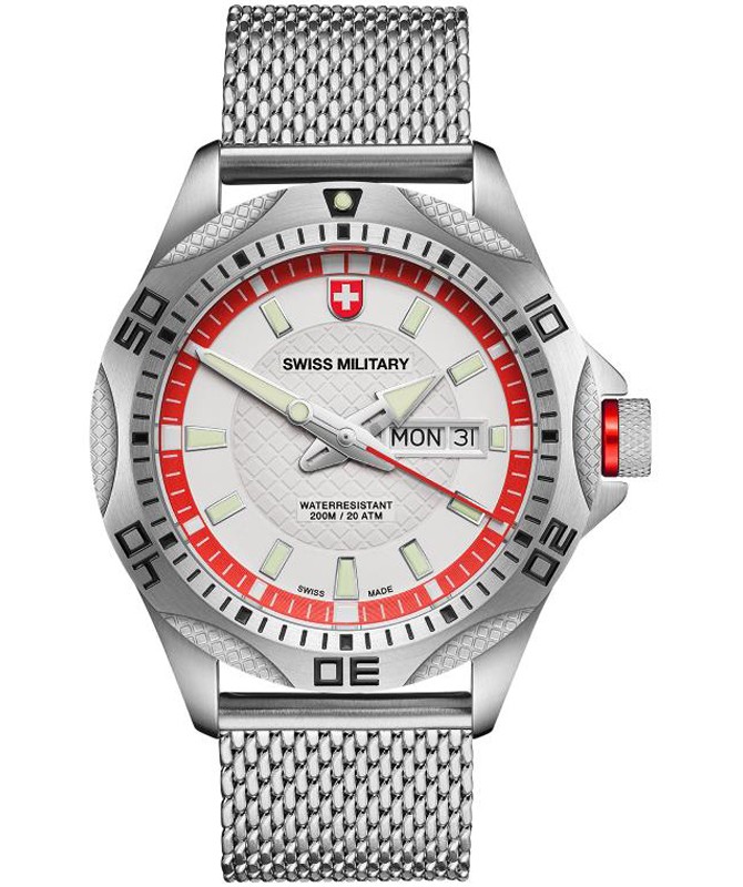 CX Swiss Military TANK Day/Date Swiss watch 20ATM Mesh bracelet Silver dial 2735