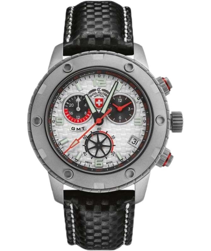 CX Swiss Military RALLYE GMT Chrono watch 200m Leather strap Silv dial 27451