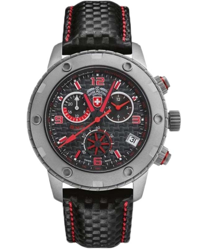 CX Swiss Military RALLYE GMT Chrono watch 200m Leather strap Black dial 27461