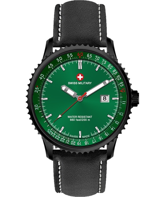 CX Swiss Military Lightning Nero Rawhide Swiss Watch 44mm Case 20ATM Green Dial 31241