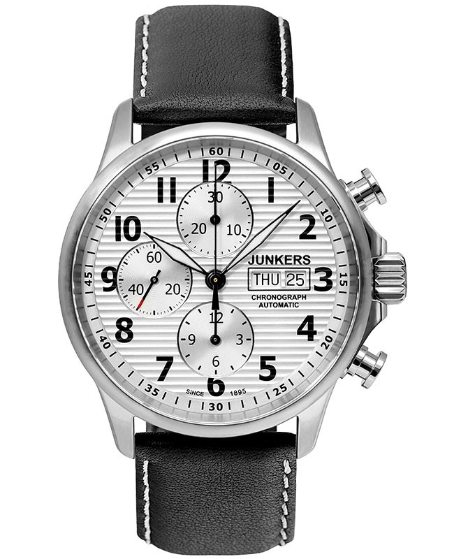 Junkers Tante Ju Auto Chronograph watch Valjoux 7750 42mm Silver Dial 6818-1