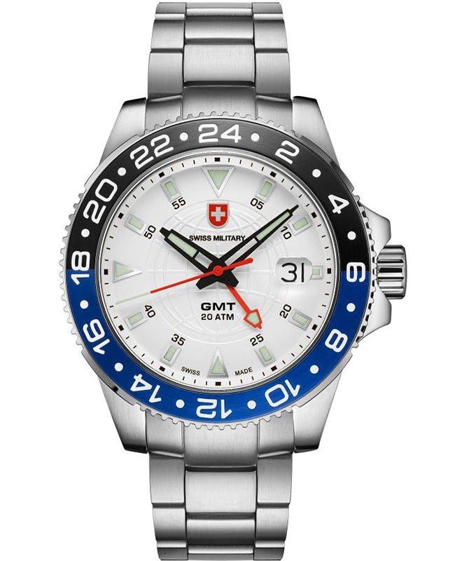 CX Swiss Military GMT Swiss quartz 42mm watch 20ATM 2nd Timezone Silv. dial 2770