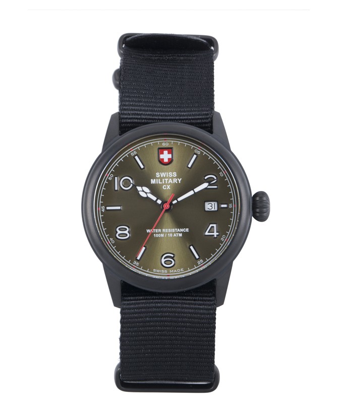 CX Swiss Military SPITFIRE Vintage Watch Swiss Quartz Date 10ATM Green Dial 2869