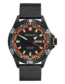 CX Swiss Military TANK NERO Day/Date watch PVD case/bracelet Black/Org dial 2743