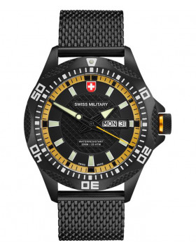 CX Swiss Military TANK NERO Day/Date watch PVD case/bracelet Black/Yel dial 2744