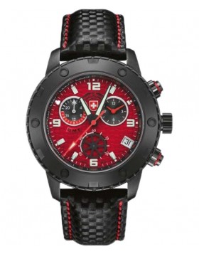 CX Swiss Military RALLYE GMT NERO RAWHIDE 44mm Chrono watch Red dial 27531