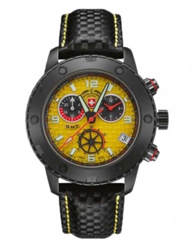 CX Swiss Military RALLYE GMT NERO RAWHIDE 44mm Chrono watch Yel dial 27541