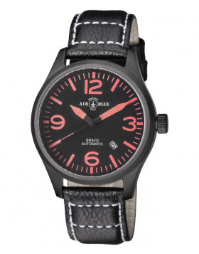 Air Blue BRAVO AUTO Pilots watch Date 44mm PVD case Sapphire Glass Blk/Red dial